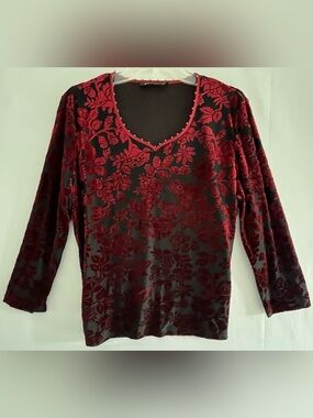 Jacques Vert Velvet Devoré Floral Mesh Top Whimsigoth Red Black
